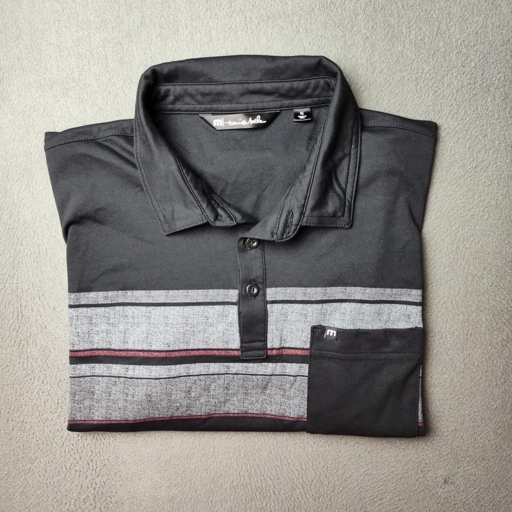 Travis Mathew Polo Shirt Mens XL Black Striped Pocket Golf Cape York 1MX246